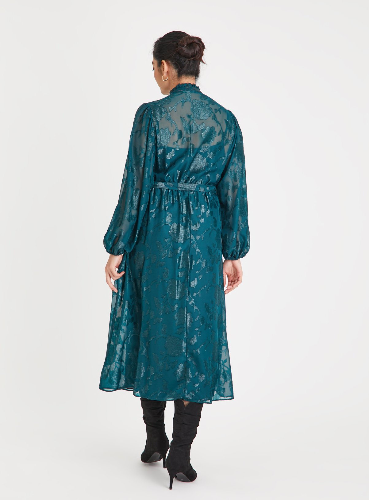 Green Jacquard Floral Belted Midi Dress 10 - Image 4 thumbnail